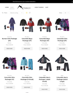 Mountain Kid Outfitter webpage where you can order ski clothing kits