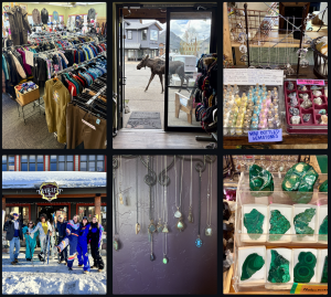 Thrift shop showing winter clothing, rocks and minerals, racks of clothing